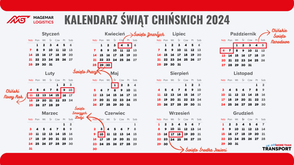 Obraz przedstawia kalendarz na 2024 z oznaczonymi chińskimi świętami i dniami wolnymi od pracy.