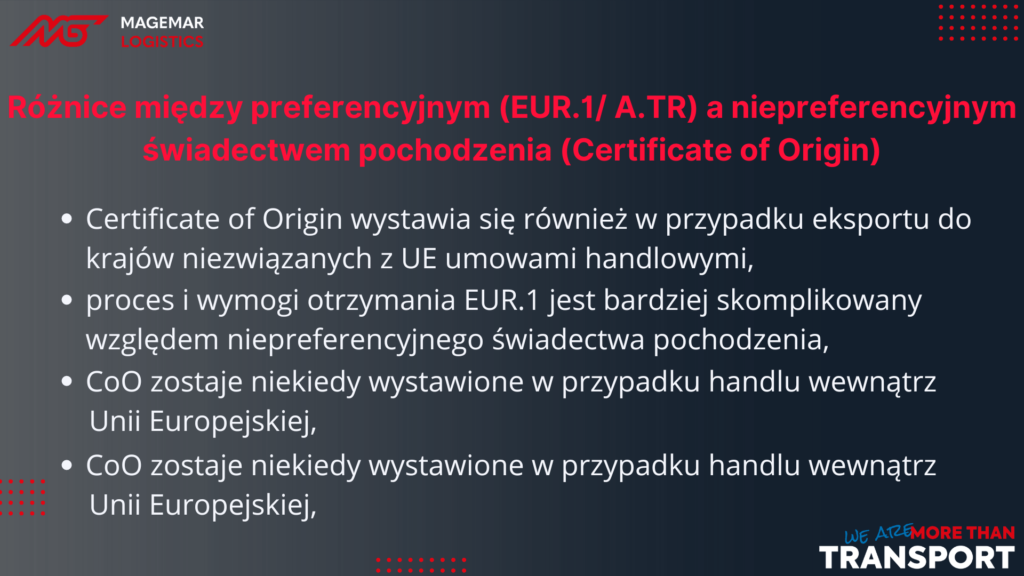 Różnice między preferencyjnym (EUR.1 A.TR) a niepreferencyjnym świadectwem pochodzenia (Certificate of Origin)