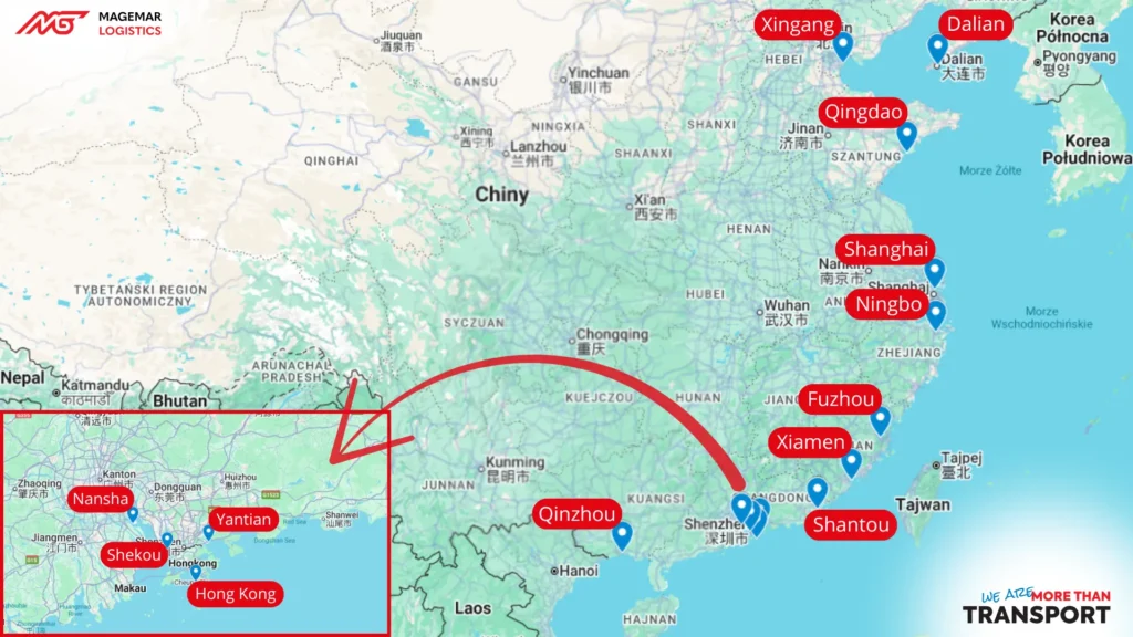Mapa przedstawiająca najważniejsze porty morskie w Chinach - Magemar Logistics