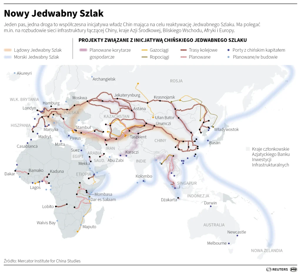 Mapa z trasami składającymi się na nowy jedwabny szlak