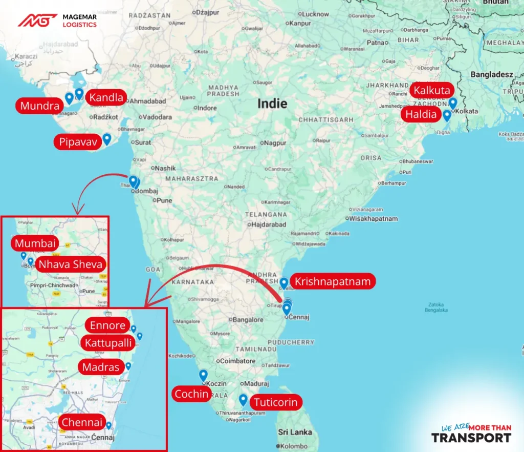 Kluczowe porty morskie w Indiach - mapa - Magemar Logistics