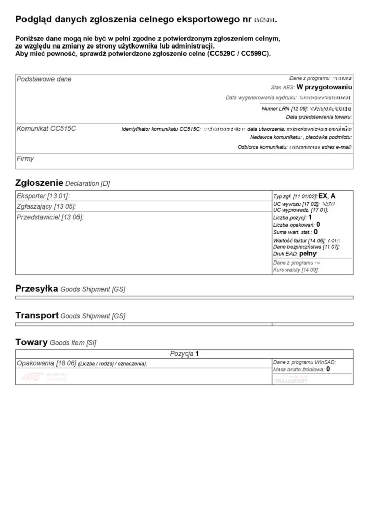 Przykładowy MRN (eksport) - Magemar Logistics