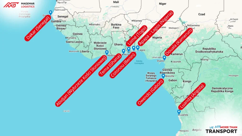 Najważniejsze porty morskie zachodniego wybrzeża Afryki wykorzystywane w transporcie kontenerowym.