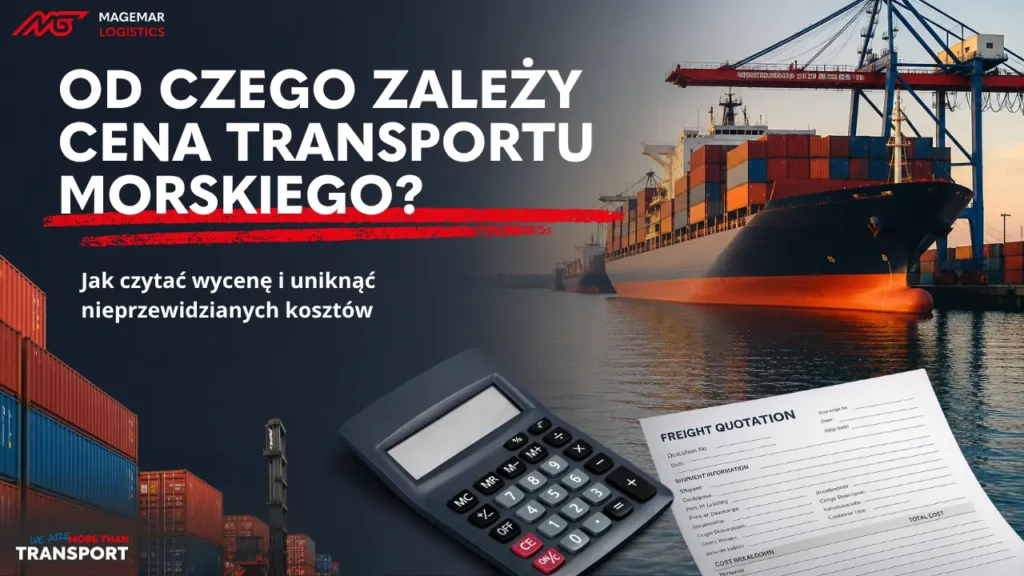 Statek kontenerowy w porcie oraz dokument wyceny transportu morskiego przedstawiające czynniki wpływające na cenę frachtu morskiego.